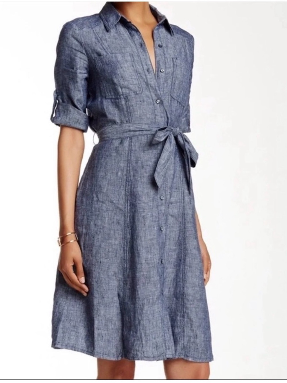 100% Linen Chambray Belted Shirt Dress Long Sleeve Knee Length Size M